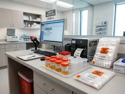 Modern NABL-accredited diagnostic partner laboratory sample processing and registration area