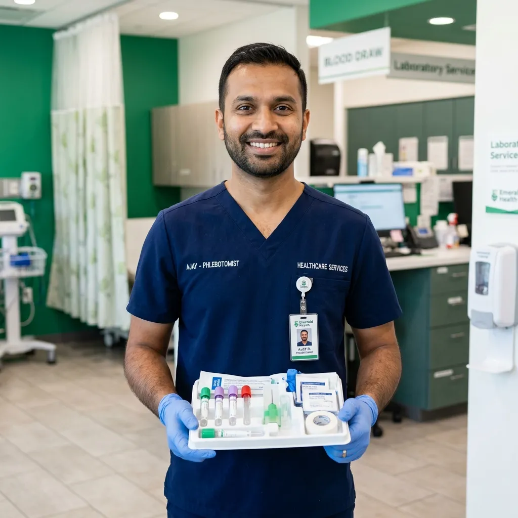 Sanova Labs certified professional phlebotomist smiling and holding a blood sample collection tray
