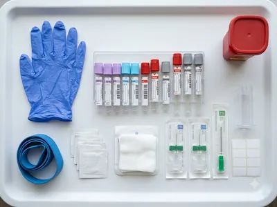 Sealed sterile vacuum tubes, fresh disposable needles, gloves, and tourniquet on a clean tray