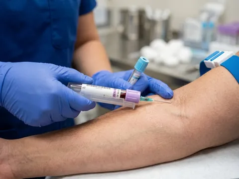 Close-up of a certified phlebotomist using a sterile vacuum collection tube for blood extraction