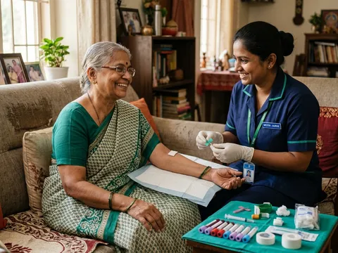 Elderly woman smiling during home blood sample collection by geriatric-trained phlebotomist